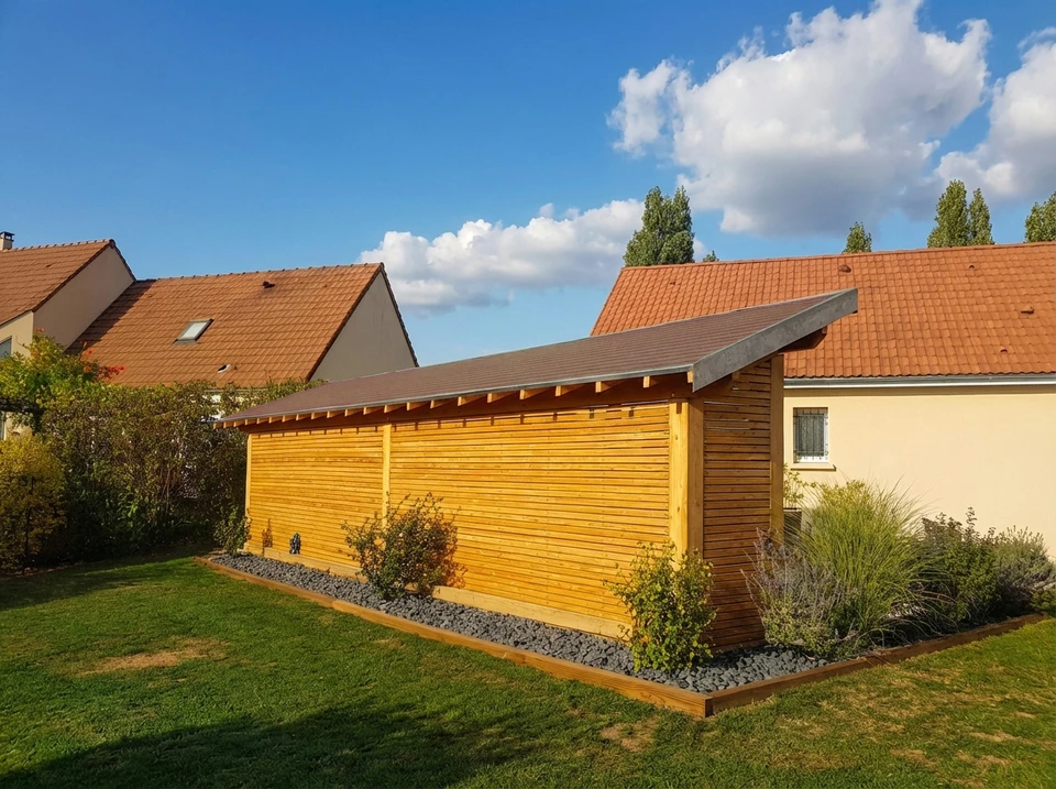 Terrasse extérieure en bois avec escalier et garde-corps à barreaux horizontaux