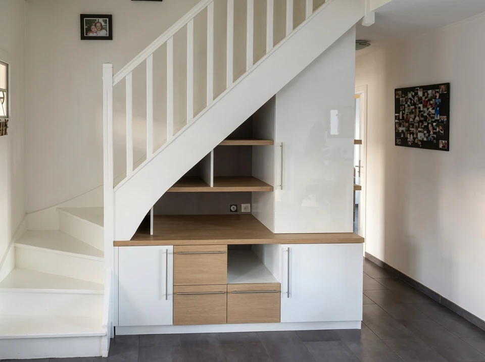 Photographie d'un dressing ou placard intégré dans une chambre, avec portes en bois de qualité, systèmes de rangement organisés et adapté à une configuration particulière (sous combles, angle, alcôve). L'agencement doit être finalisé, élégant et montrer comment le mobilier épouse harmonieusement l'espace et l'architecture de la pièce. La lumière naturelle met en valeur le travail de menuiserie et l'intégration seamless du meuble dans l'intérieur.