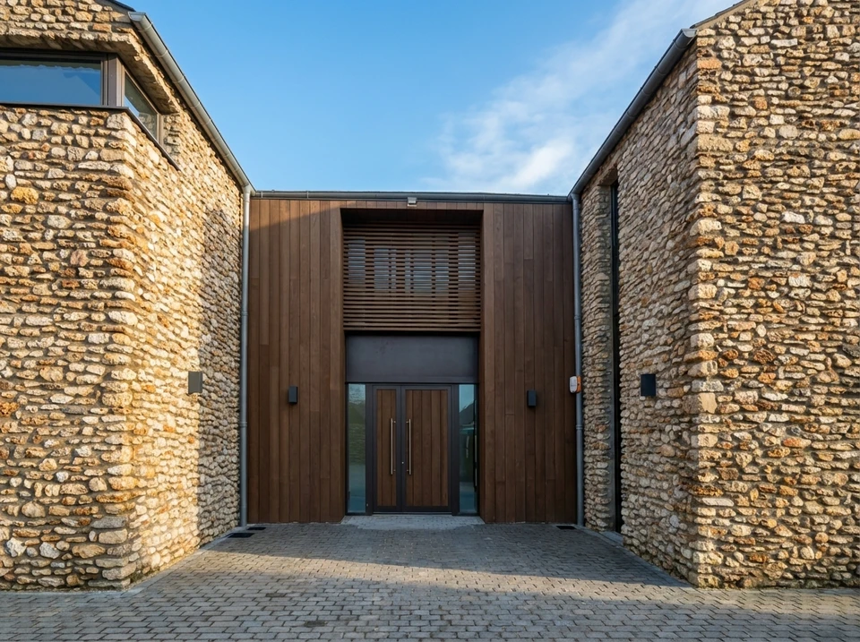 Intérieur résidentiel moderne avec escalier en bois intégrant un système de rangement optimisé sous les marches