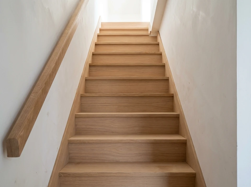 Intérieur résidentiel avec escalier en bois massif à rampe droite et balustres tournés