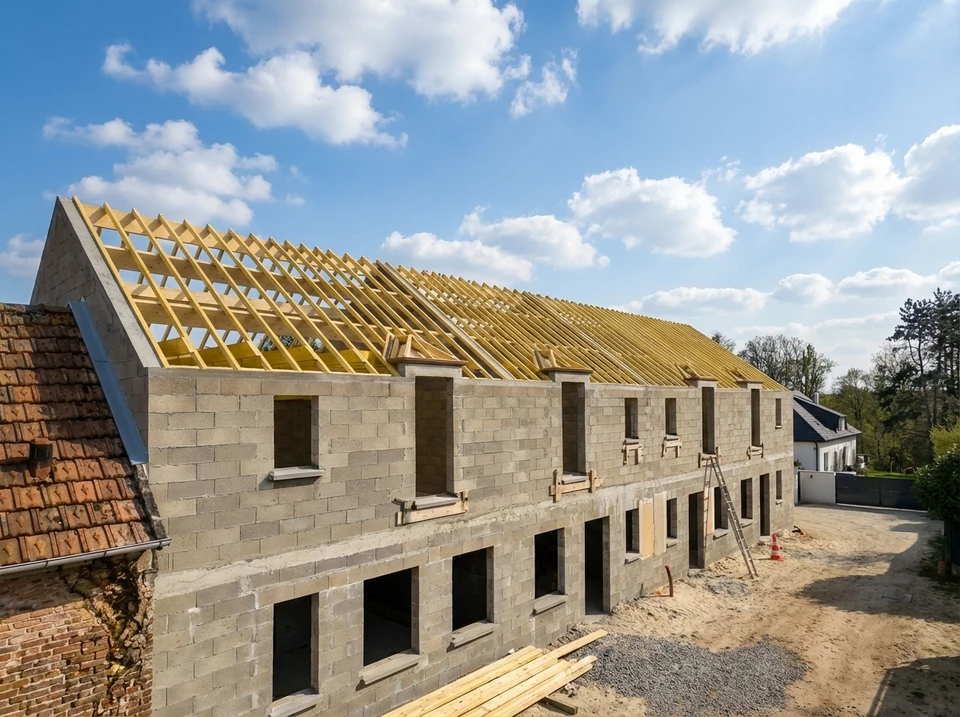 Intérieur d'un bâtiment en construction montrant la charpente en bois apparente vue du dessous