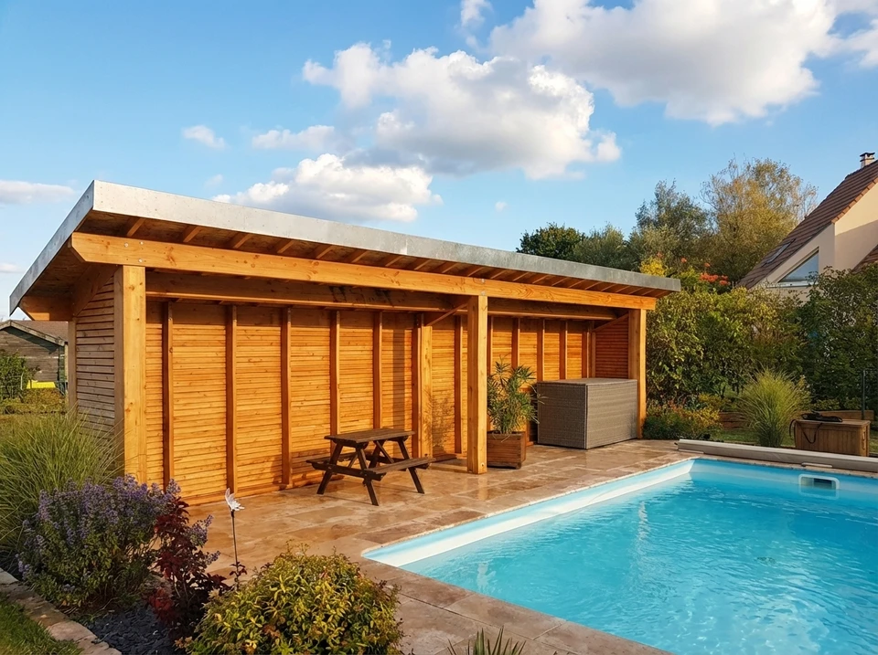 Carport moderne en bois avec toiture en bardeaux d'asphalte noirs, structure à poteaux et poutres apparents