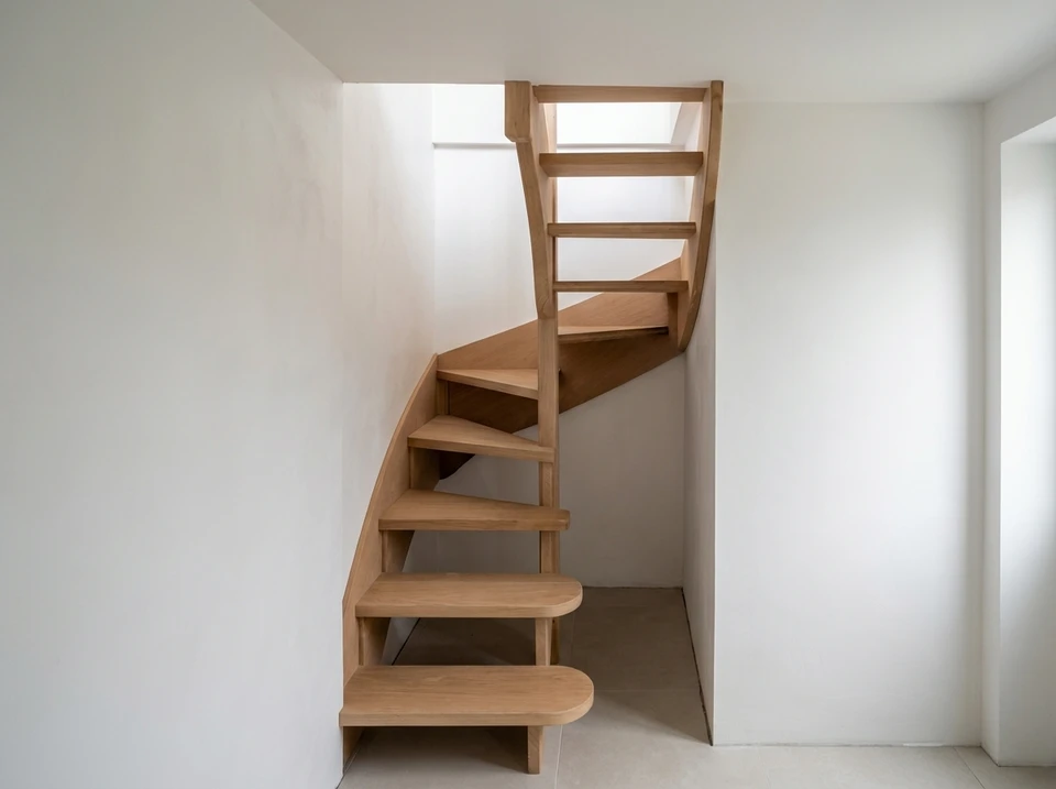 Escalier en bois avec rangements intégrés sous les marches, tiroirs coulissants ouverts révélant l'espace de stockage optimisé