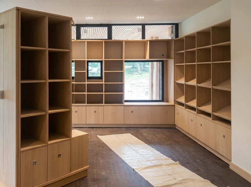 Dressing-room luxueux avec rangements sur mesure en bois, éclairage LED intégré au plafond, sol parquet massif