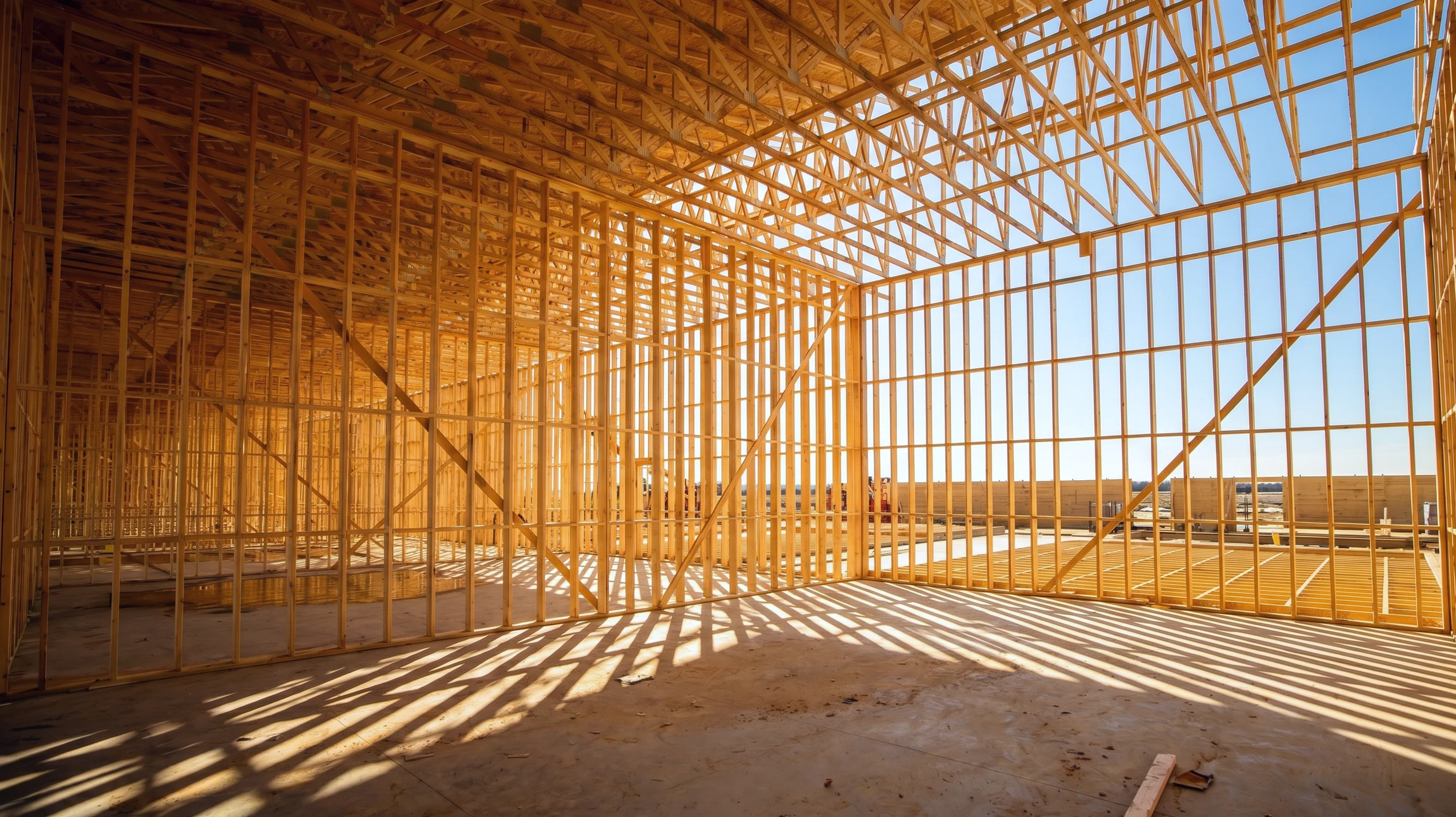 Chantier de construction résidentielle en extérieur montrant une maison à deux niveaux en phase de charpenterie