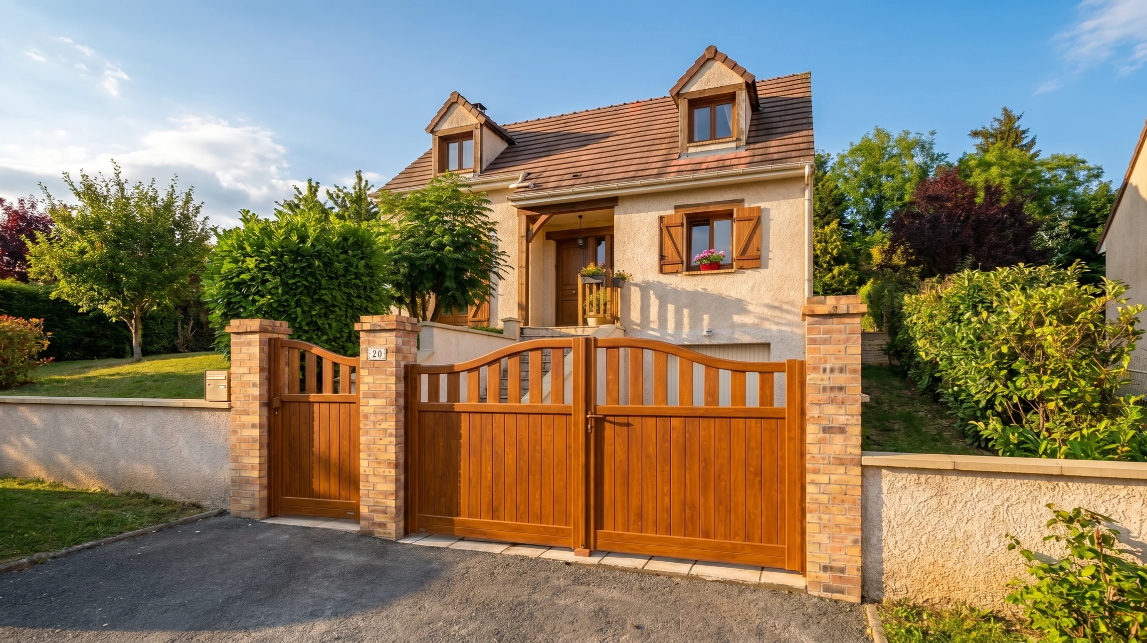 Portail contemporain à double vantaux en bois horizontal avec piliers en briques, intégré dans clôture assortie