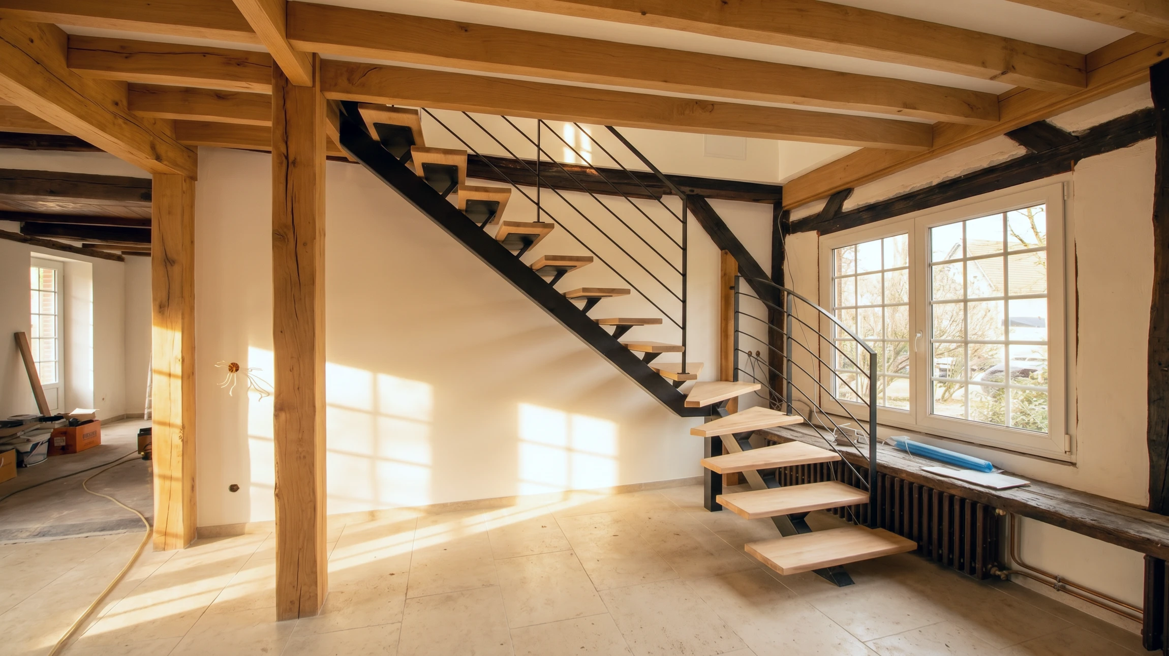 Intérieur moderne avec escalier, mezzanine et garde-corps à câbles tendus