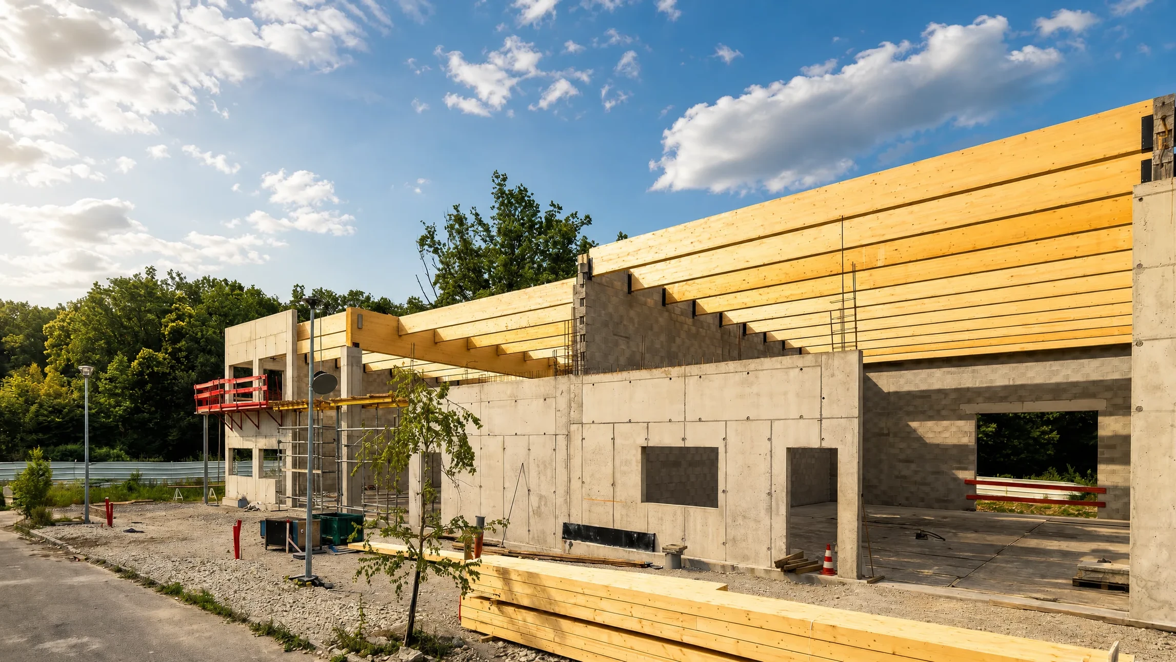 Chantier de construction extérieur avec charpente en bois en cours d'assemblage sous ciel bleu
